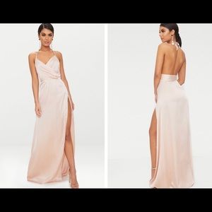 Champagne Silky Plunge Extreme Split Maxi Dress